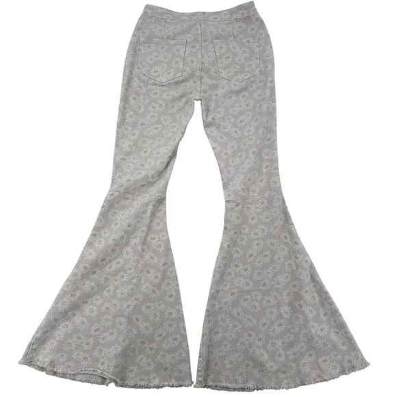 Peach Love 27 Hippie Floral High Rise Extreme Flare Leg Frayed Hem Jeans Y2K - Picture 2 of 9